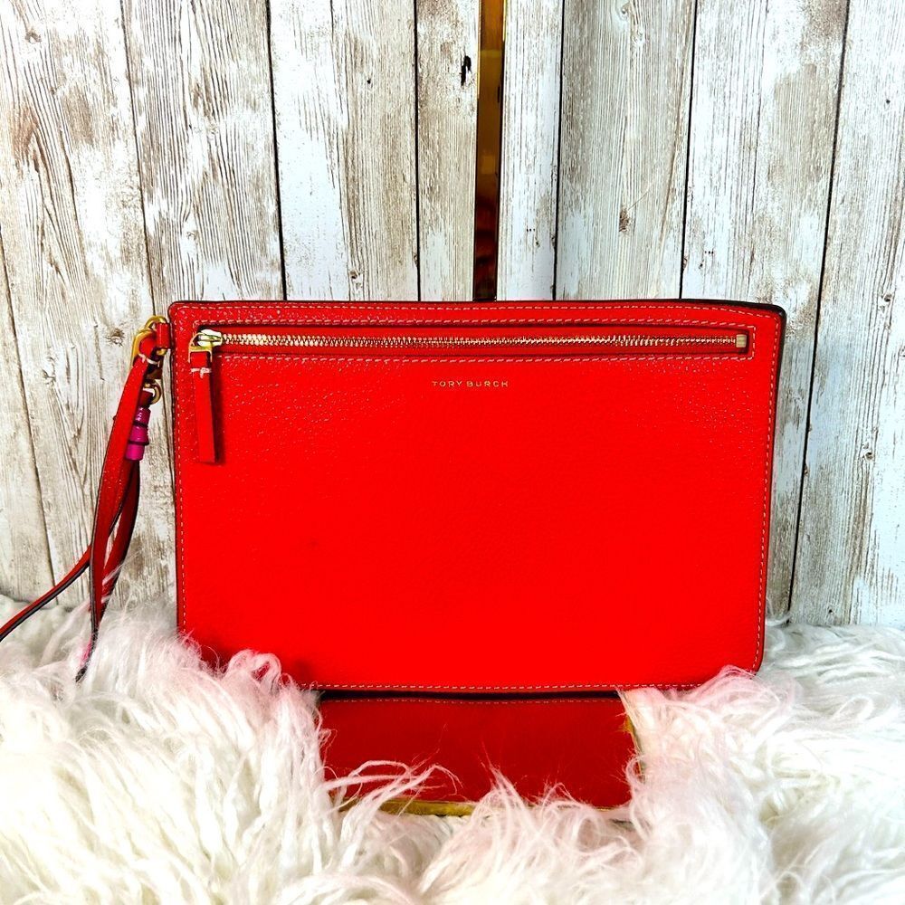 Tory Burch Red and Hot Pink Leather Clutch Pebble Leather, EUC​